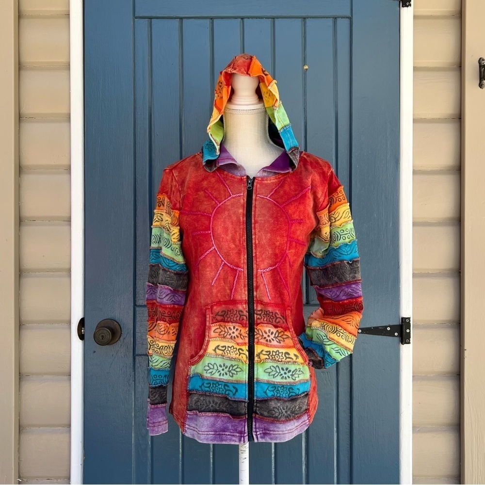 Vintage Greater Good Y2K rainbow Hippie Boho Hoodie Jacket Size Small